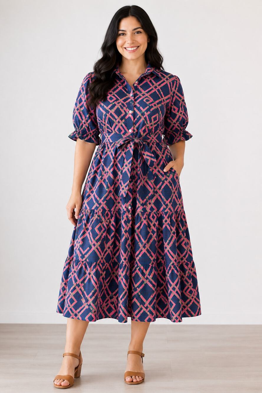 Holly Shae Catherine Dress Geometric Lattice Print Blue Pink Womens Size L/XL